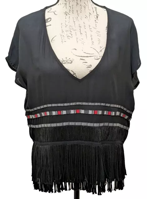 Twelfth Street by Cynthia Vincent Top Blouse Black Fabulous Fringe Sheer