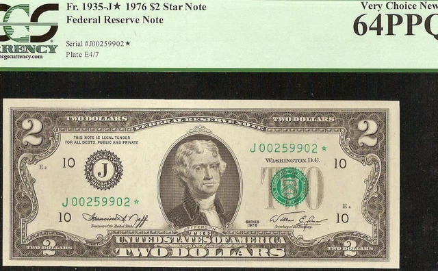 UNC 1976 $2 TWO DOLLAR BILL KEY KANSAS CITY STAR NOTE FRN Fr 1935-J* PCGS 64 PPQ