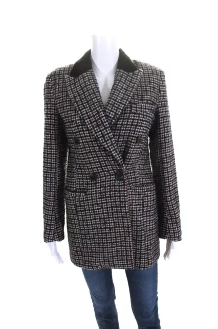 Avec Les Filles Women Double Breasted Houndstooth Blazer Jacket Blue White Small