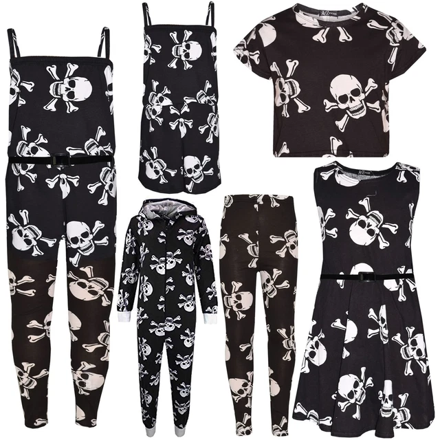 Bambine Ragazzi Teschio Top Corto Stampa Legging Skater Abito Halloween 5-13 Yrs