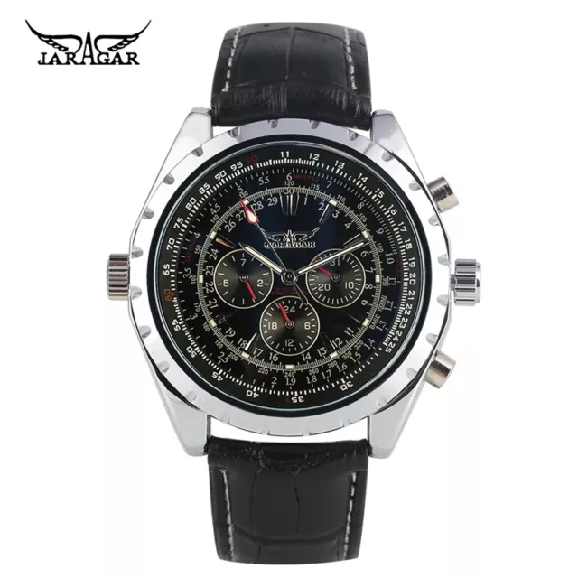 JARAGAR Men Automatic Mechanical Watch Leather Band Date Military Wrist Watches