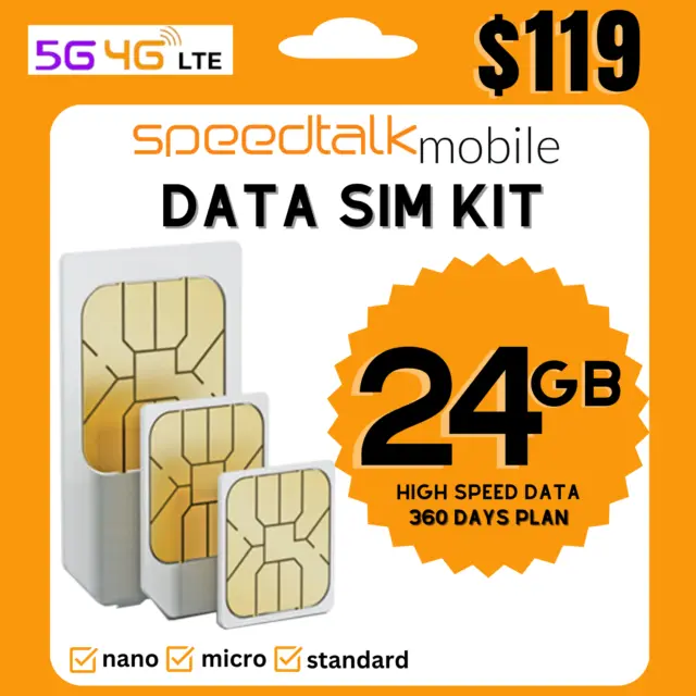 Speedtalk Mobile Data SIM Card - 24GB Internet 360 Day Data Plan 5G 4G LTE KIT