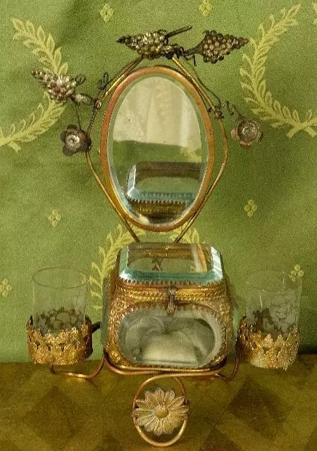 Amazing Antique French Toleware Jewellery /Trinket Stand, Mirror & Glass Casket
