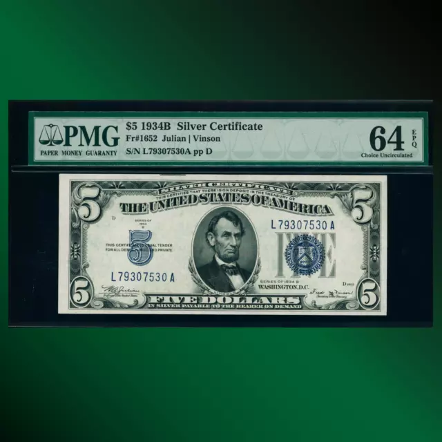 Fr.1652 1934B $5 Five Dollar Silver Certificate, PMG 64 EPQ, 07530