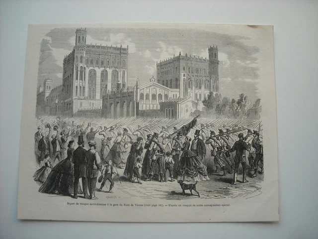 Gravure 1866. Depart Des Troupes Autrichiennes A La Gare Du Nord De Vienne.