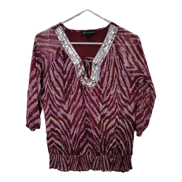 INC Women Top Medium Purple Animal Print Blouse 3/4 Sleeve Sheer Empire Waist