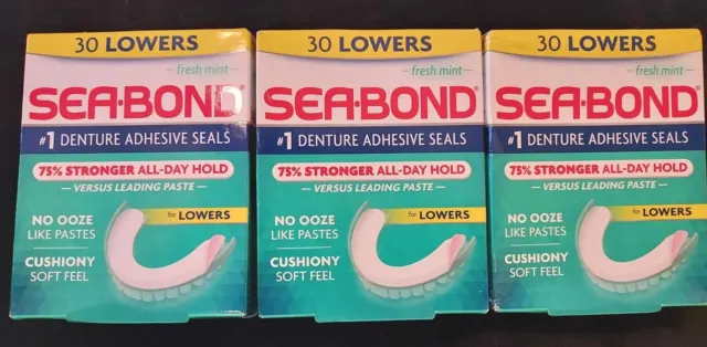 Sea-Bond Denture Adhesive Seals 30 Lowers Fresh Mint 3 Pack New Sealed $0 Ship!