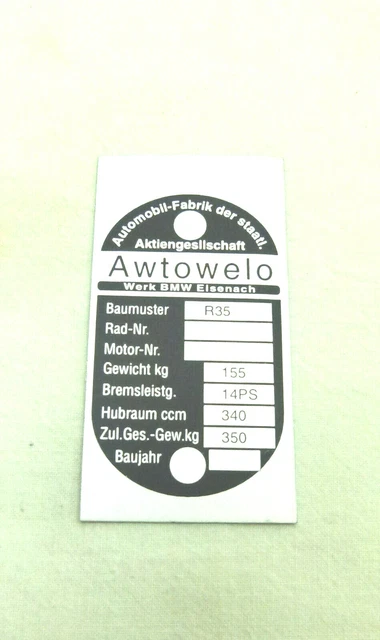 AWTOWELO BMW R35 /1 Typenschild Blanco - Zum Selbst Ausschneiden - Neu ...