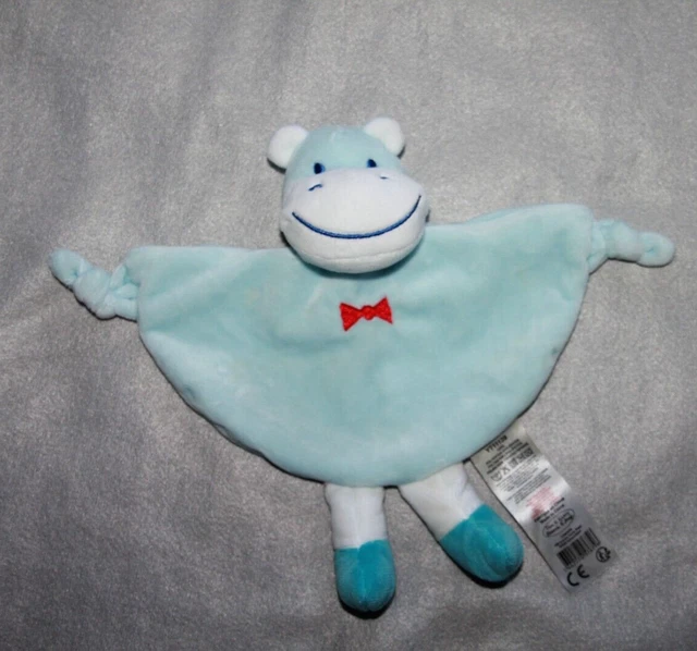 Tom Et Kiddy  Bisous D'ange  Doudou Hippopotame Plat Bleu Noeud Rouge Grelot