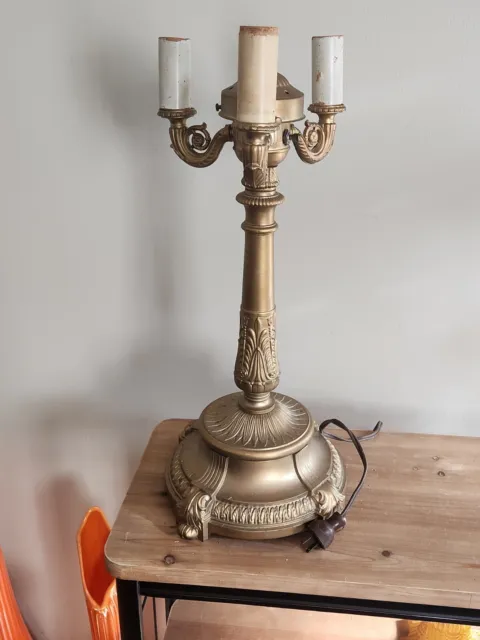 Large Vintage Elegant 3-Bulb Cast Metal (Brass?) Heavy Table Lamp - 25" Tall