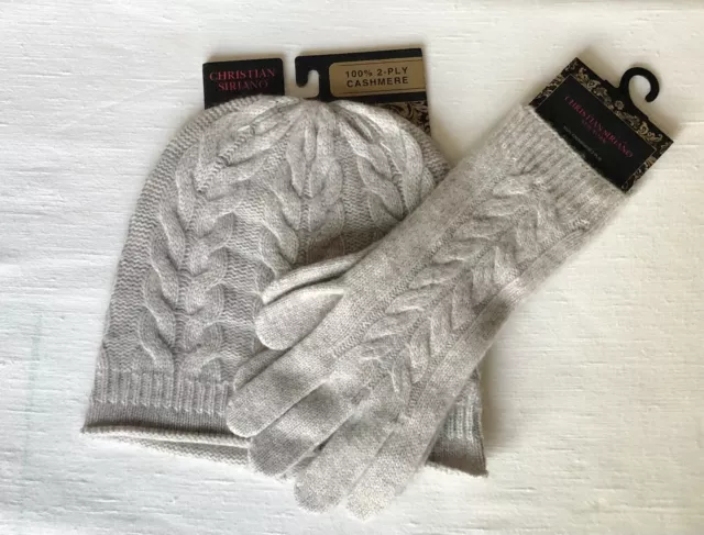 NWT CHRISTIAN SIRIANO 100% Cashmere Gray Horseshoe Cable Beanie and Gloves set