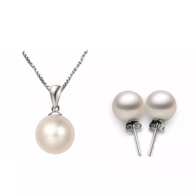 Women 925 Sterling Silver Pearl Stud Earrings Chain Necklace Pendant Set Jewelry