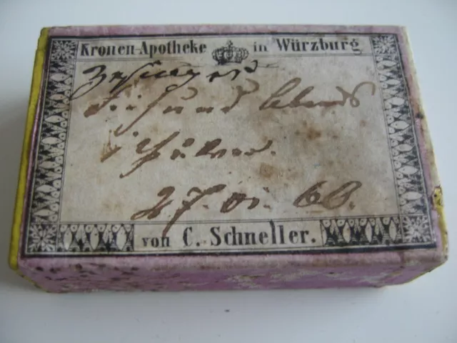 Antike Apotheker-Schachtel Kronen-Apotheke Würzburg C. Schneller ca. 1860 Dose