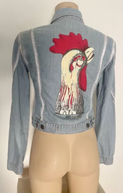 Just Cavalli Women's Denim Blue Jeans Jacket Hand Painted Rooster🐔Size S-IT40