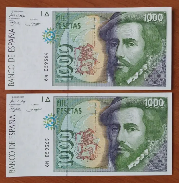 P&P - Lote 2 billetes de 1000 pesetas 1992. Número de serie correlativo. PLANCHA