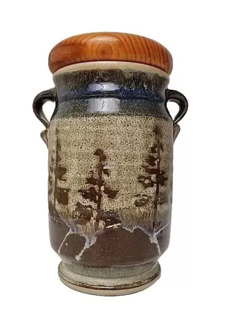 Studio Pottery Lidded Canister Jar Woodland Tree Vase w Handles Blue 8.5 in