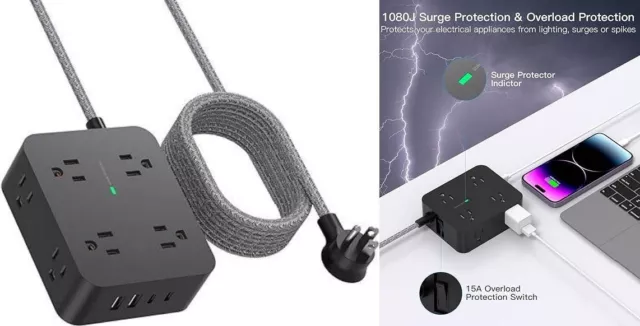 Protector contra sobretensiones para regleta, cable de 10 pies, enchufe plano.