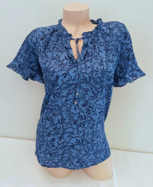 Liz Claiborne Career Royal Blue Black Floral Flutter Sleeve Blouse Top Small S