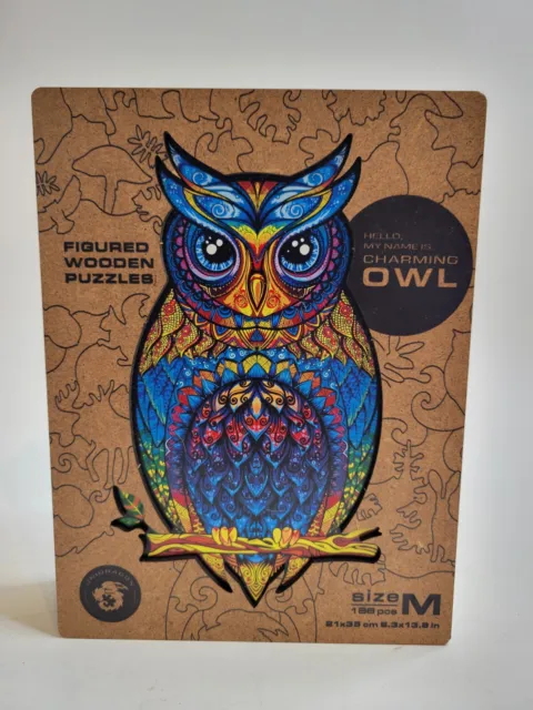 UNIDRAGON Charming Owl Complete Wooden Jigsaw Puzzle 187 Pieces Medium 8 x 14 in