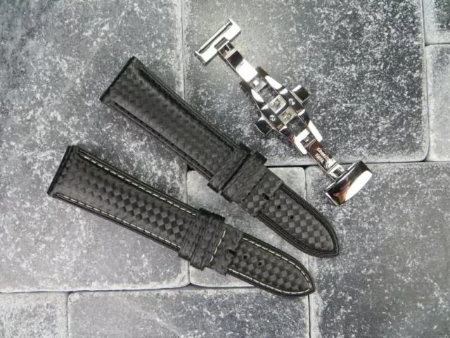 19mm Carbon Fiber Leather Strap Polish Folding Buckle Watch Band Set LONGINES