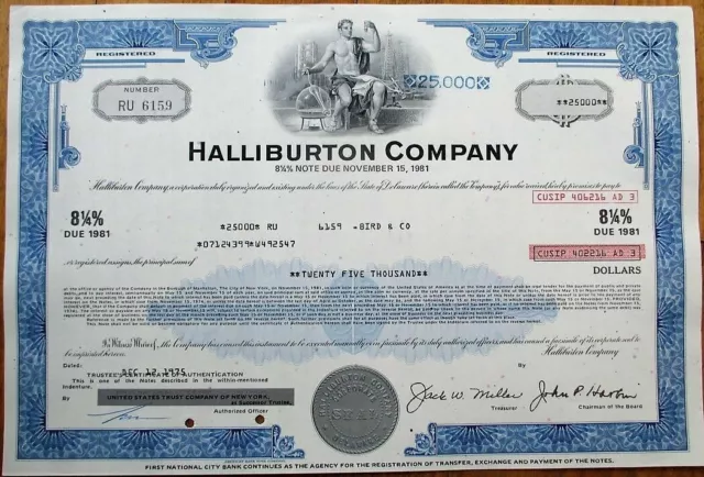 Halliburton Company 1975 $25,000 Stock, Bond Certificate, American Bank Note