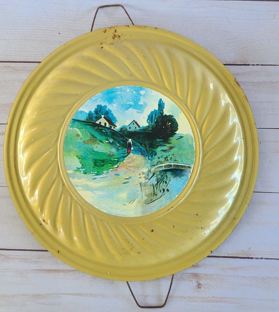 Vtg 8" Stove Fireplace Chimney Tin Flue Vent Cover Metal Farm Scene Round