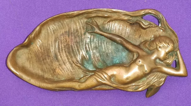Vintage Art Nouveau Brass Mermaid Nude Woman Dish Trinket Tray 6¾" Long