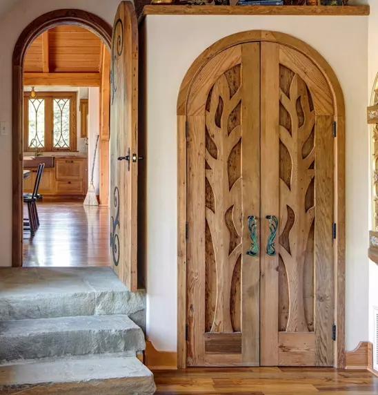 Rustic reclaimed lumber arched double door solid wood hand carved pre hung