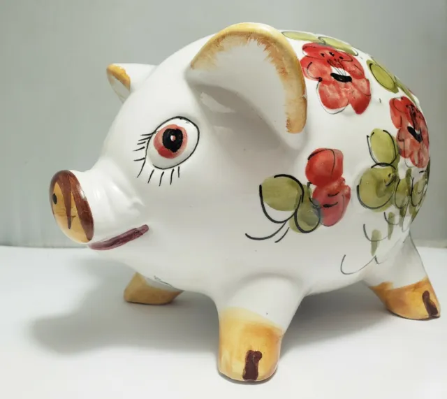 Vintage Large Ceramic Piggy Bank Red Flowers Made In Italy 5”x7"
