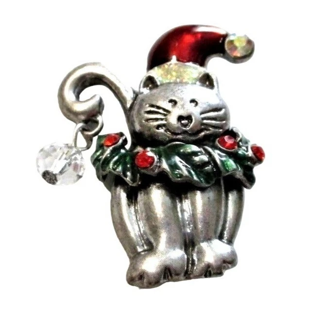 Kitty Cat Christmas Brooch Pin Holiday Fashion Jewelry Signed KC Cat Lover