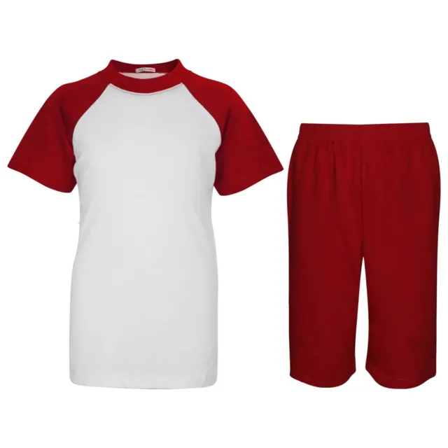 Bambine Ragazzi Rosso Raglan Stile Pigiama Contrasto T-Shirt Set Pantaloncini