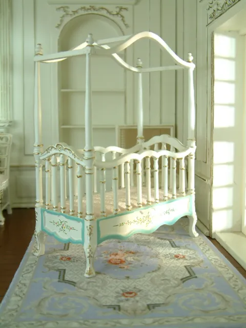 French Royal Louis XV Style Baby Wood Bed Gold Blue White Hand Painted 1/12Scale
