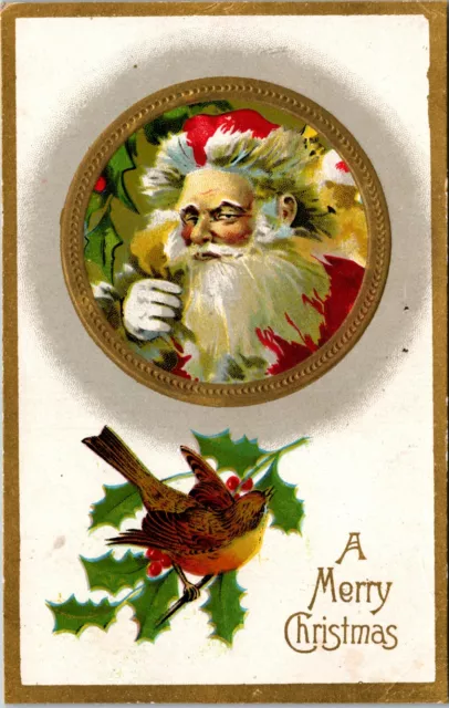 Christmas Santa Claus Circle Bird Holly Embossed Gold Gilt c1910s postcard P16