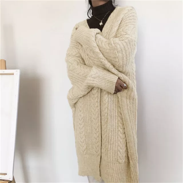 Femme Long Pull Cardigan Veste Tricot Chaud Haut Épais Desseré Manteau Hiver