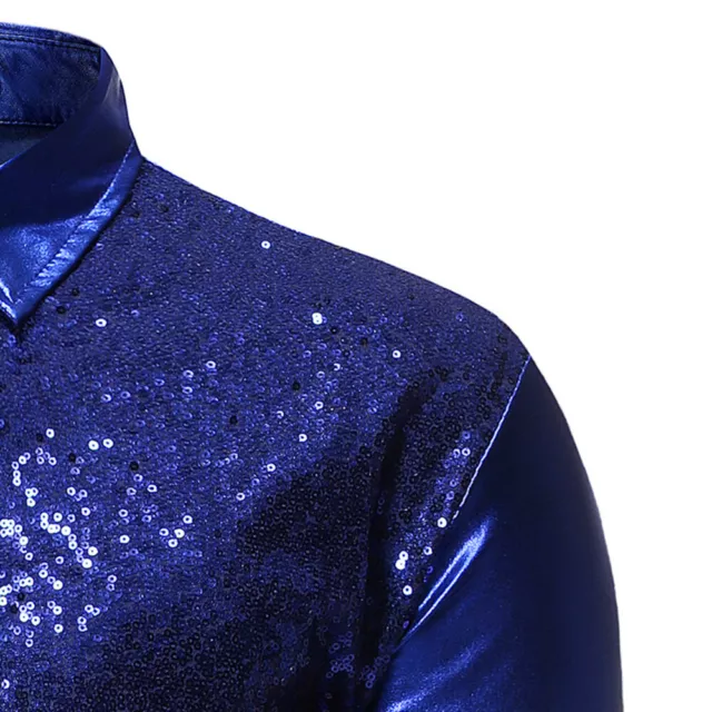 Men Shiny Sequins Metallic Long Sleeve Shirt Blouse Dance Top Slim Club Bar Chic 3