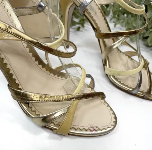 Prada Metallic Leather Patent Strappy Slingback Sandals Yellow Gold 38.5 3