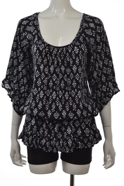 Eberjey Womens Top Size S M Navy Blue Printed Blouse Shirt 3/4 Sleeve Casual