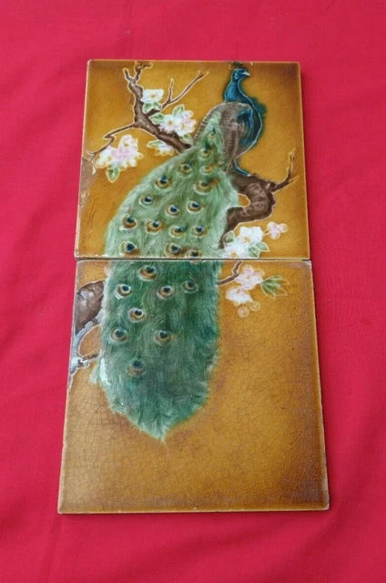1 Piece Peacock Design Set Old Art Majolica Ceramic Tiles England 0086