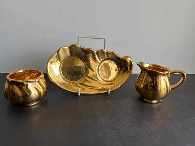 Vtg ROYAL WINTON GRIMWADES GOLDEN AGE GOLD SUGAR BOWL & CREAMER ON TRAY SET 3