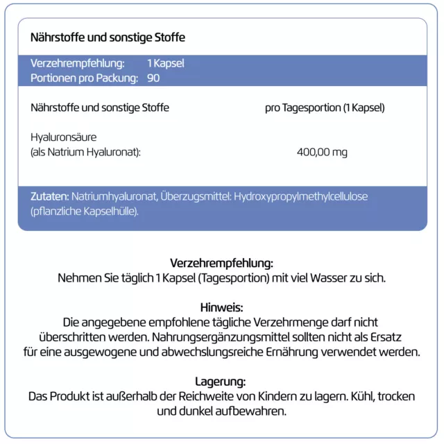 Hyaluronsäure 90 Kapseln hochdosiert mit 400 mg - Vegan - Hyaluron Haut Gelenke 3