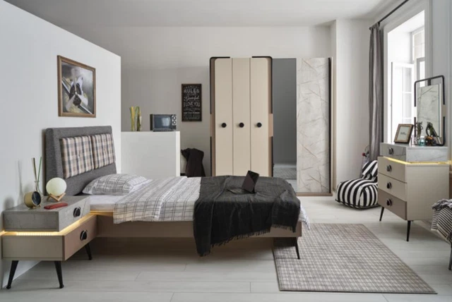 Chambre à Coucher Complet Lit Table de Chevet Commode Miroir Penderie 5tlg