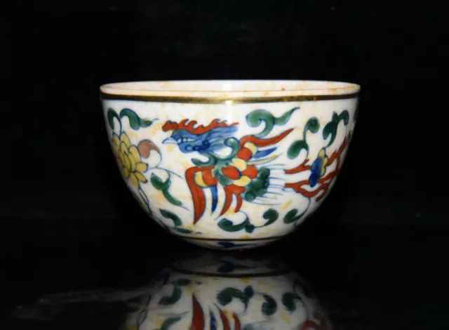 1.7" china  Antique ming dynasty cheng hua mark doucai gilt  Phoenix  cup