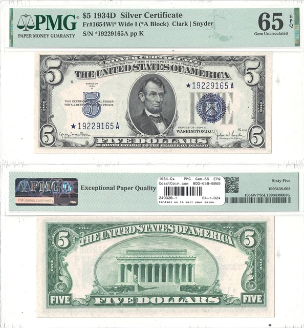 1934-D $5 Silver Certificate Star Note Wide I Fr 1654* PMG Gem Unc-65 EPQ