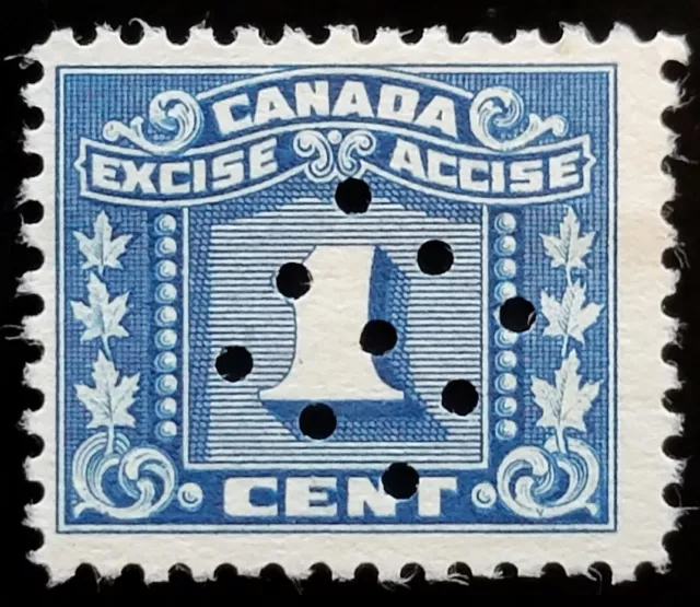Canada VanDam #FX61 1c blue Excise Stamp three leaf used - 1934