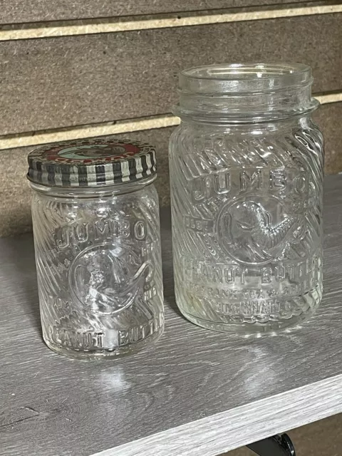 Vintage Jumbo Brand Peanut Butter jar LOT Small w lid 1 pound - Large w/out lid