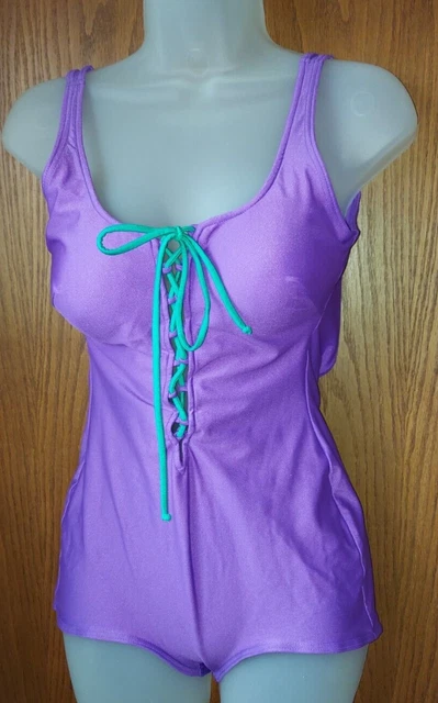 Vintage Gottex Purple & Green One Piece Padded Bullet Bra Swimsuit Size 34/12