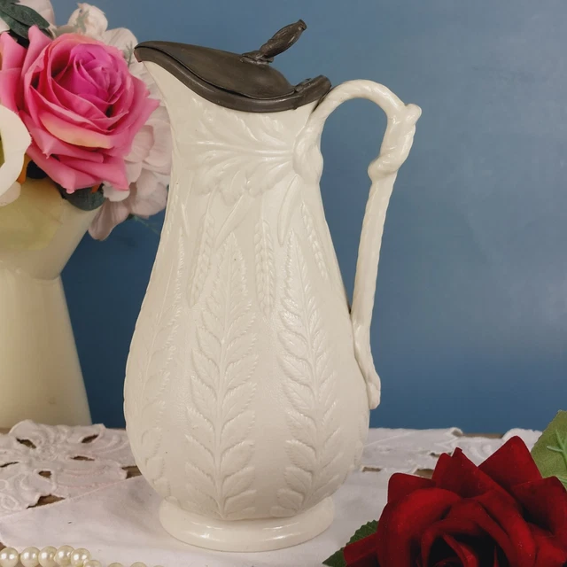 ANTIQUE WILLIAM BROWNFIELD Pottery Cobridge Pewter Lidded Pitcher Jug