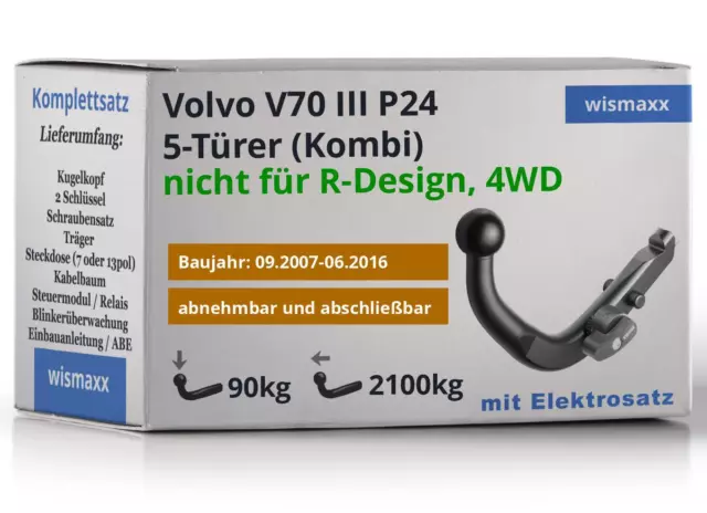 ANHÄNGERKUPPLUNG für Volvo V70 III 07-16 abnehmbar BRINK +7pol E-Satz ECS