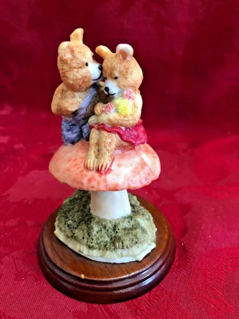 ROC Taiwan Figurine Ceramic Boy and Girl Bear Sitting on Mushroom VTG Wood Base