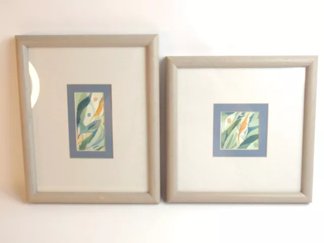Pair MCM Modernist Watercolor Paintings Abstract Green Sea Nature Grey Frames NC